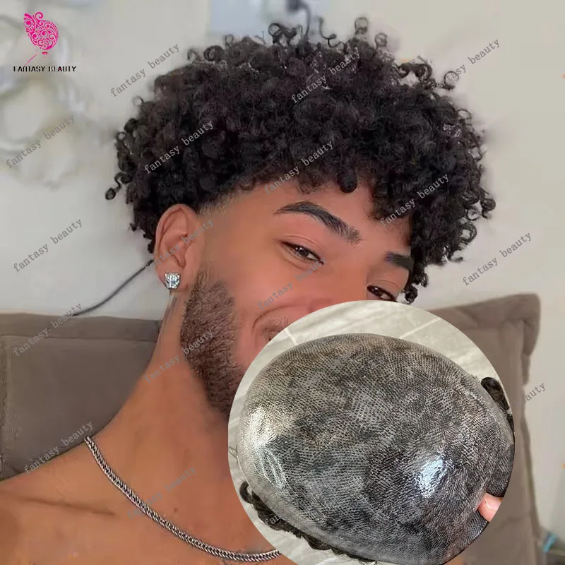8 мм афро-кудрявый мужской прочный сильный полный кожаный мужской парик из искусственной кожи, европейские 100% человеческие волосы, коричневый, черный, система, натуральный протез для линии роста волос