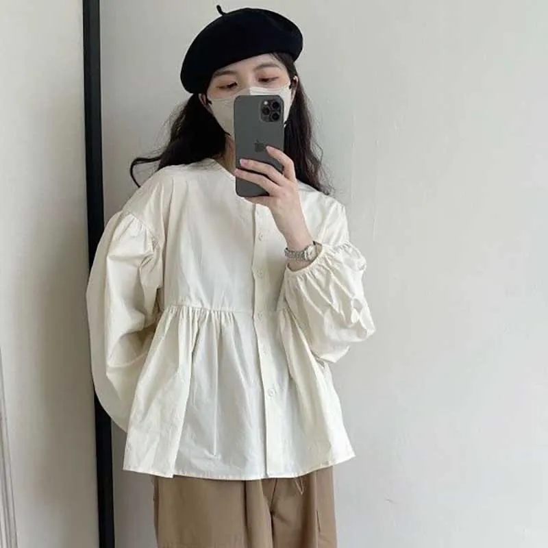 Sweet O-Neck Button Loose Solid Color Folds Shirts Female Clothing 2024 Spring New Oversized Casual Tops All-match Blouses