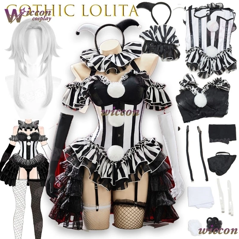 The Freak Circus Pierrot Original Striped Clown Gothic Dark Waist Cincher Mini Skirt Niche Design Corset Top Cosplay Costume Cos view 4