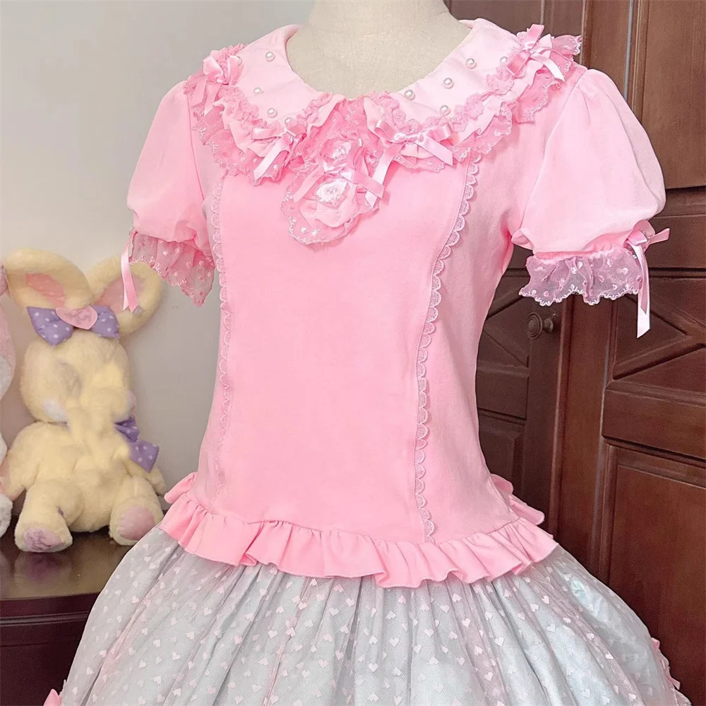 

Розовая, белая японская рубашка в стиле Лолиты, милые рубашки с кукольным воротником и бантом, рубашки с длинными рукавами, милый топ феи принцессы, летняя блузка Blusas De Mujer