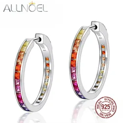 ALLNOEL Pure 925 Sterling Silver Colorful Zircon Rainbow Crystal Round Circle Hoop Earrings Серьги Fine Jewelry Gifts for Women