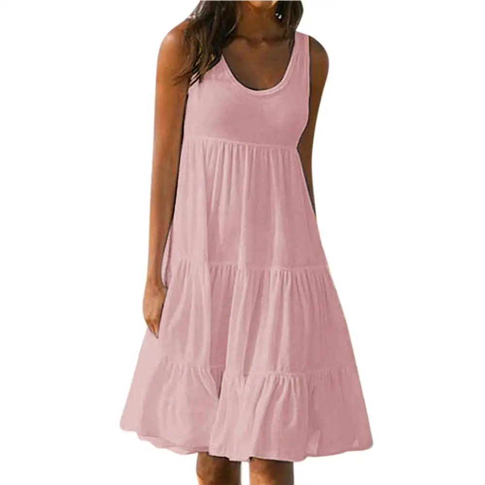 فستان نسائي بدون أكمام مطوي على شكل حرف A ، فتحة رقبة دائرية ، أحادي اللون ، مقاس كبير ، غرز