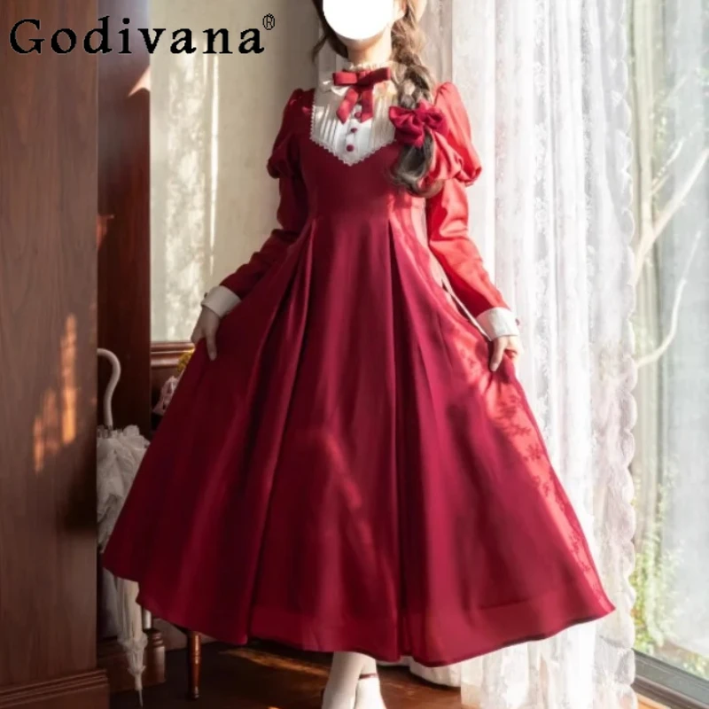 

Spring Autumn New Lolita Long Sleeve Stand-Up Collar Velvet Dress Large Size Girl High Waist A-line Versatile Party Dresses
