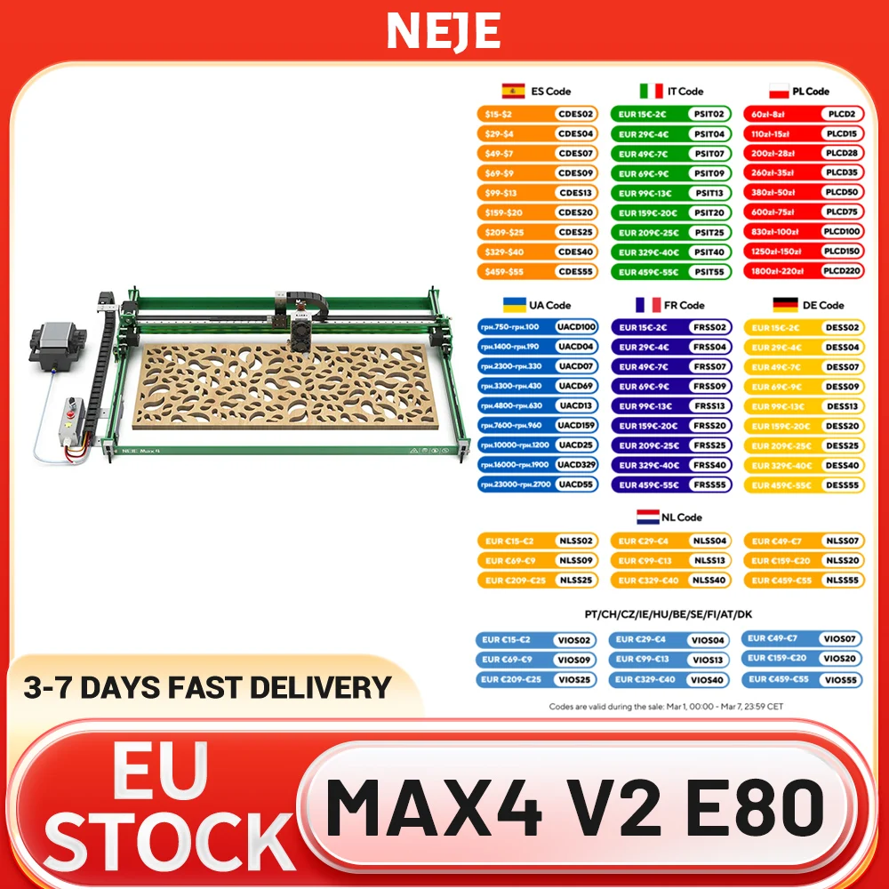 Graveur et découpeur laser NEJE Max4 V2 E80 20W, axe Z motorisé, vitesse rapide de 1000 mm/s, 750*460 mm, rails de qualité industrielle - EU