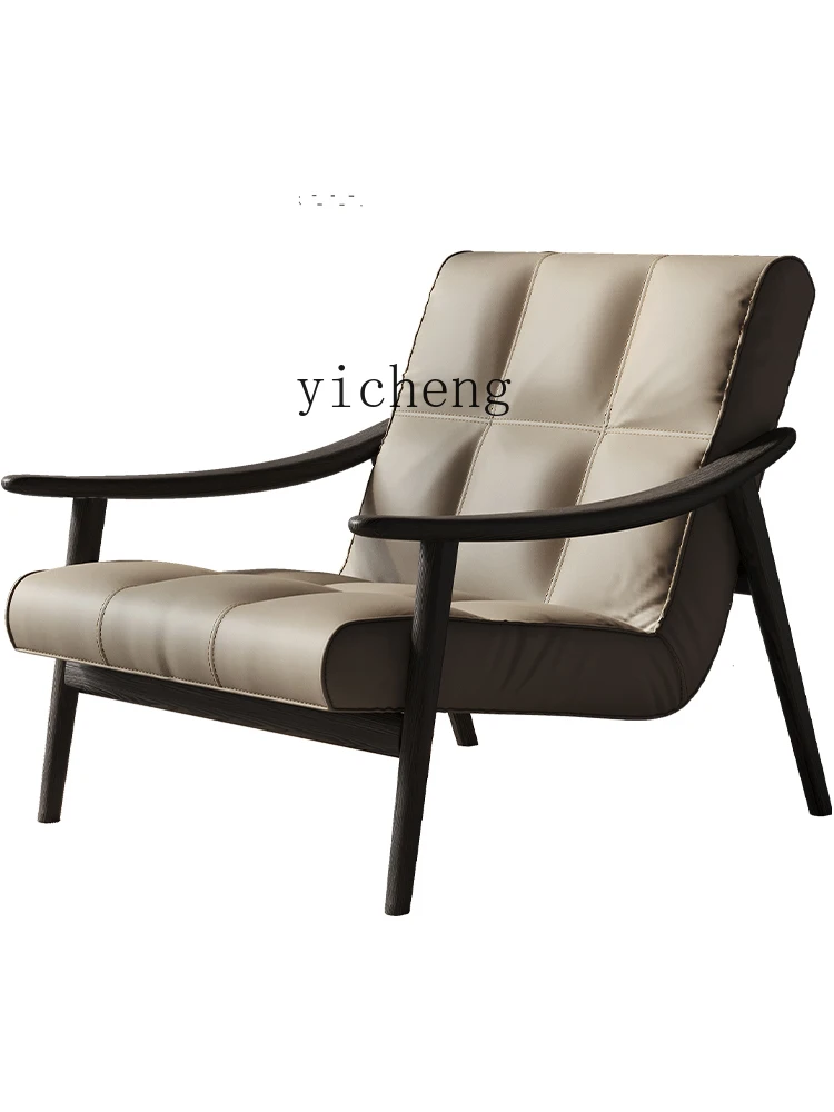 XL Leather Wooden Lounge Chair Balcony Recliner Single Light Luxury Sofa Chair