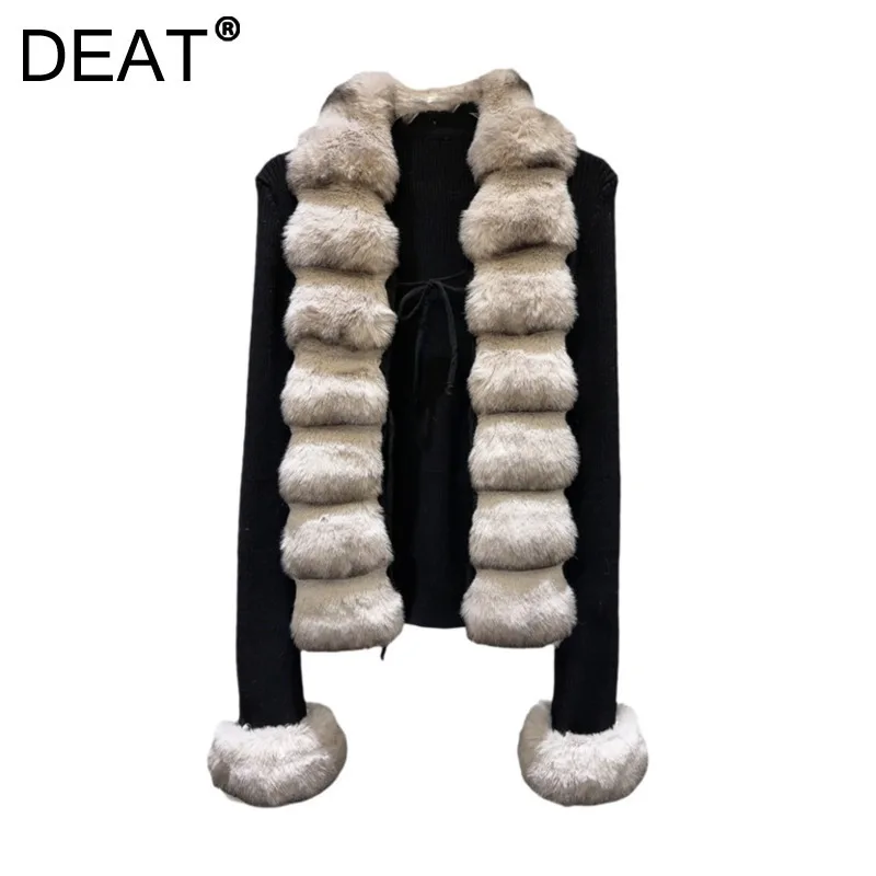 DEAT Women's Knit Sweaters Spliced Faux Fur Slim Stretch Lace-up Long Sleeve Lady Cardigan 2024 New Fashion Winter 11A01937