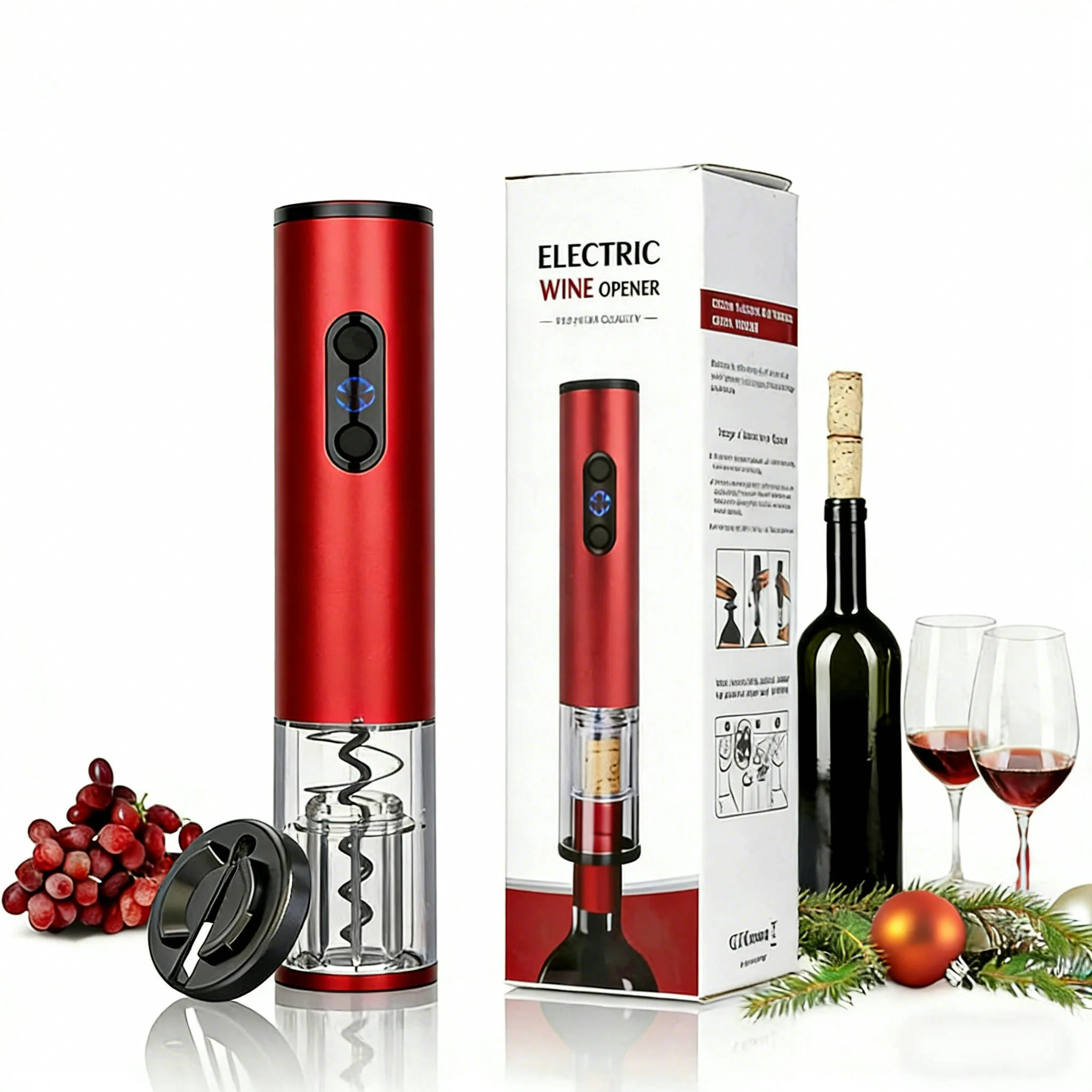 Battery Operated Electric Wine Opener - Stainless Steel Electric Corkscrew with LED Light & Foil Cutter, Simple Push-Button Oper