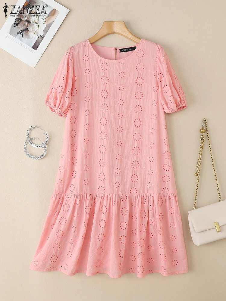 

ZANZEA Women Embroidery Dresses 2025 Summer Lace Crochet Dress Elegant Puff Sleeve Party Work Vestidos Bohemain Holiday Sundress