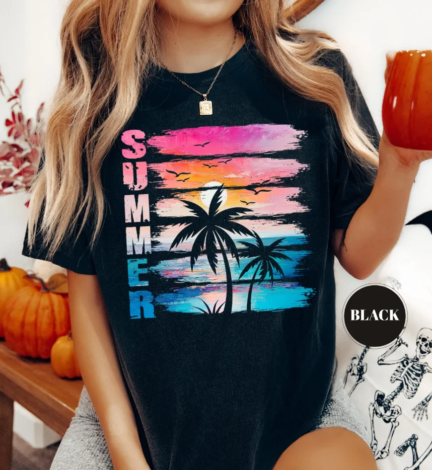 Summer Women's Summer Palm Tree Sunset  Print T-shirt Streetwear Oversized Loose Casual Short Sleeve Suitable for All Seasons
