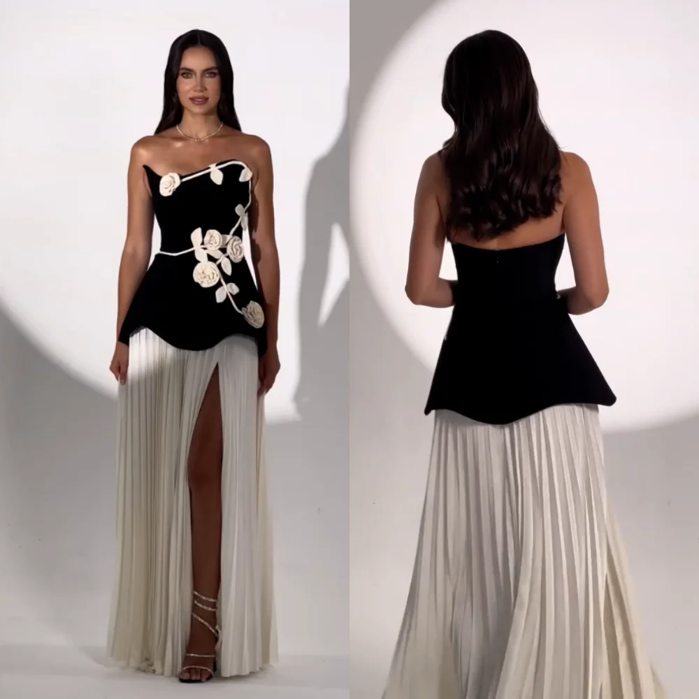 Fashion Evening Dress Customized Jersey Flowers Pleat Strapless A Line Evening Gowns Elegant Thigh Slit Wedding Party Dress