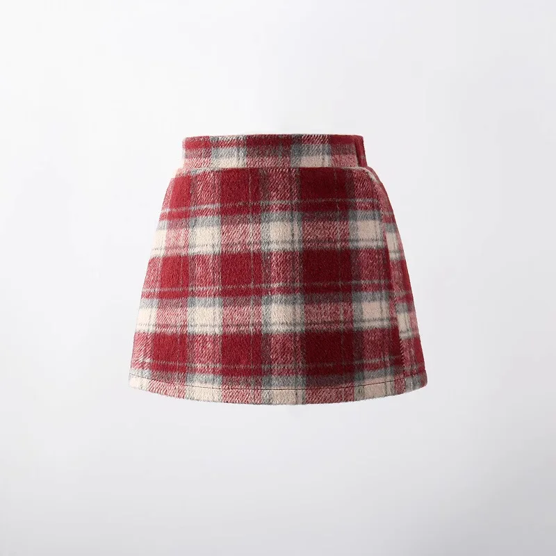 Kids Girls Khaki Plaid Skirts 2026 New Fashion Children Casual Woolen Skirt Spring Autumn Cltohing Thin Package Hip Skirts