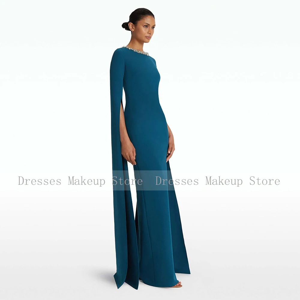 Elegant Wedding Guest Dresses for Women 2025 Lake Blue Cloak Sleeves Formal Party Gowns Long Column Crystal O Neck Evening Dress image 3