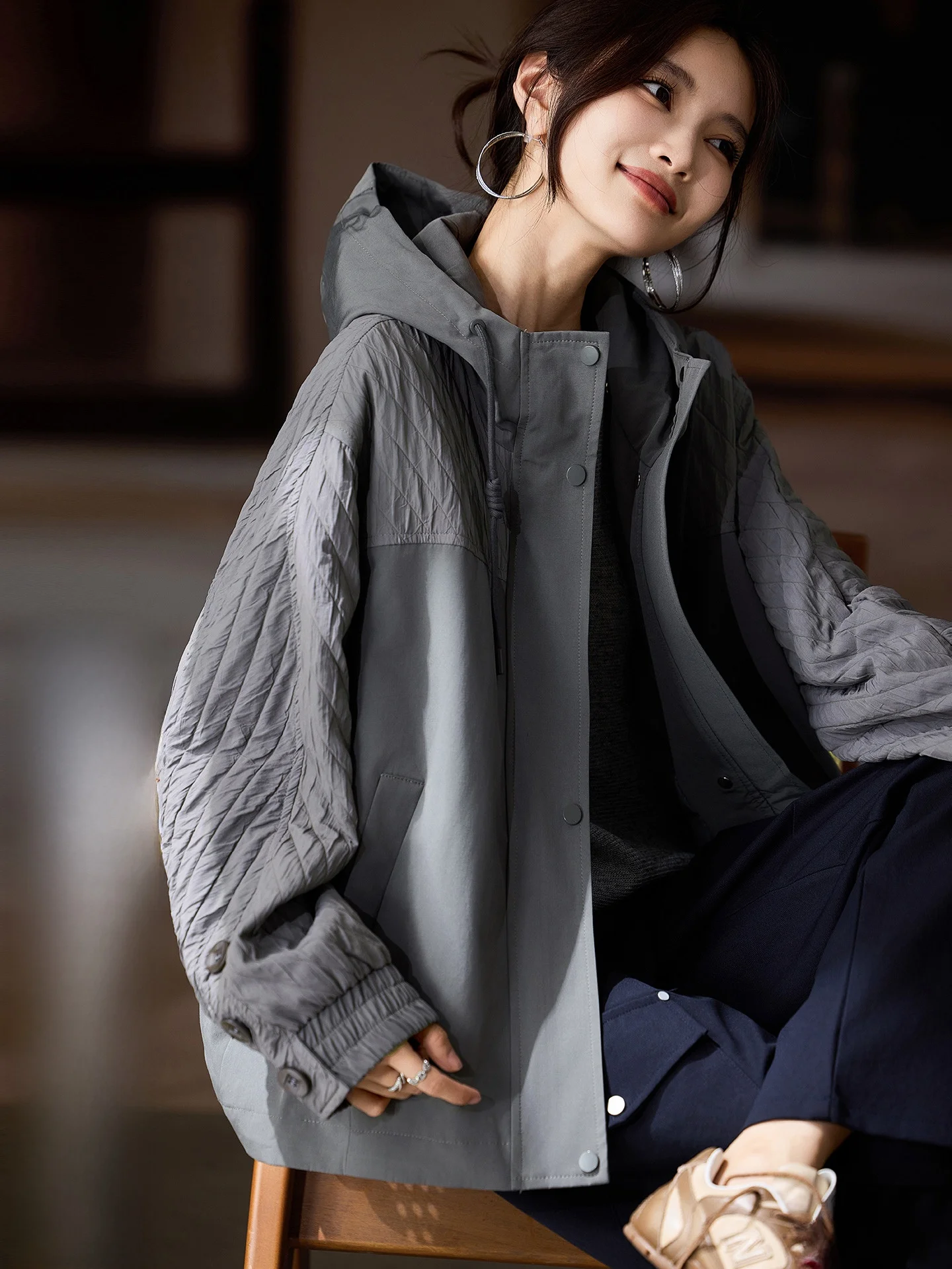 

Свободный крой Street Sle с капюшоном, женский топ больших размеров в стиле пэчворк из смеси хлопка и полиэстера, осень-зима, Новое поступление, повседневный топ