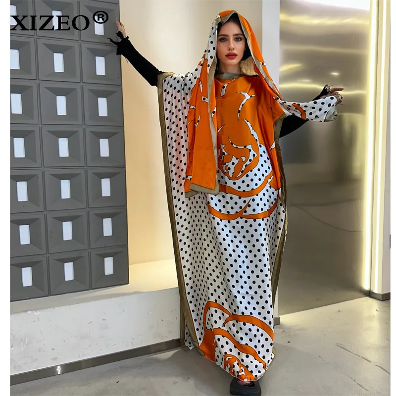 

XIZEO muslim african dresses for woman dubai abaya Crew Neck Wave dot print Kaftan Dress, Elegant Maxi Length Dress, maxi dress