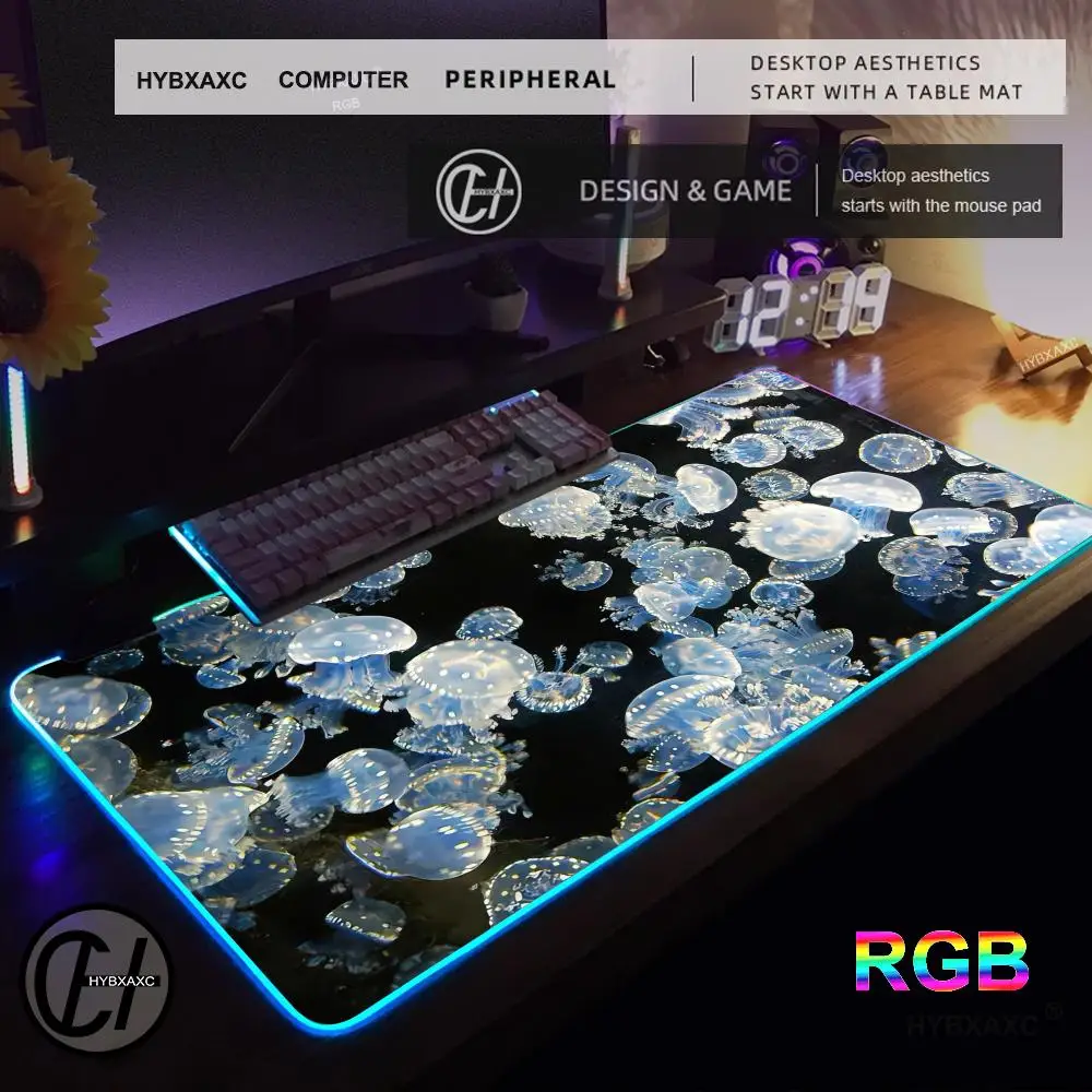 Прозрачный коврик для мыши в виде медузы, игровой коврик для мыши RGB, настольный коврик HD Gamer, большой светодиодный светильник, коврики для мыши XXL, ковер для ПК, компьютера