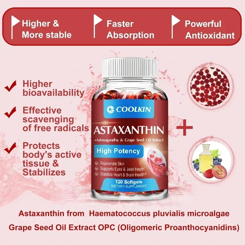 Astaxanthin 24mg - with Ashwagandha, Grape Seed Oil Extract - for Joint, Brain, Immune and Heart Support Diet