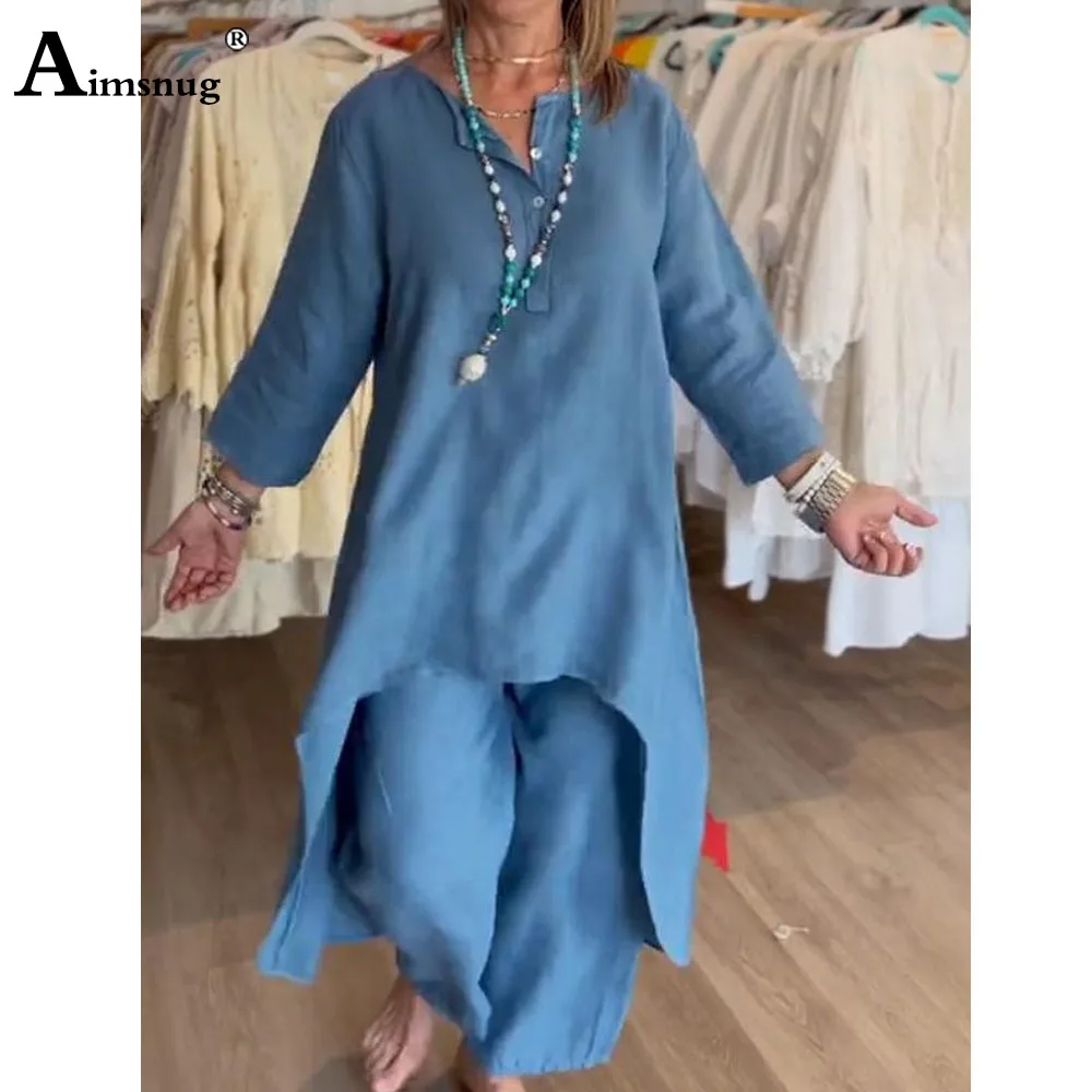 Plus Size Women Casual Linen Two Piece Sets 2024 New Summer Vintage Long Blouse and Wide Leg Pants Suits Female Tracksuits Set