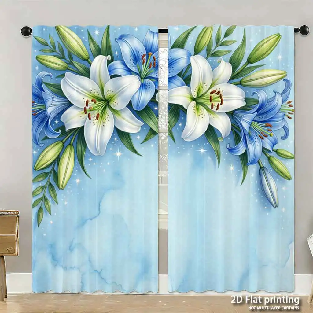 Blauer Vorhang mit Blumenlilien, Frühlingsbotanik, Aquarell-Gartendesign, Fenstervorhänge, Vorhänge, Paneele, Heimdekoration