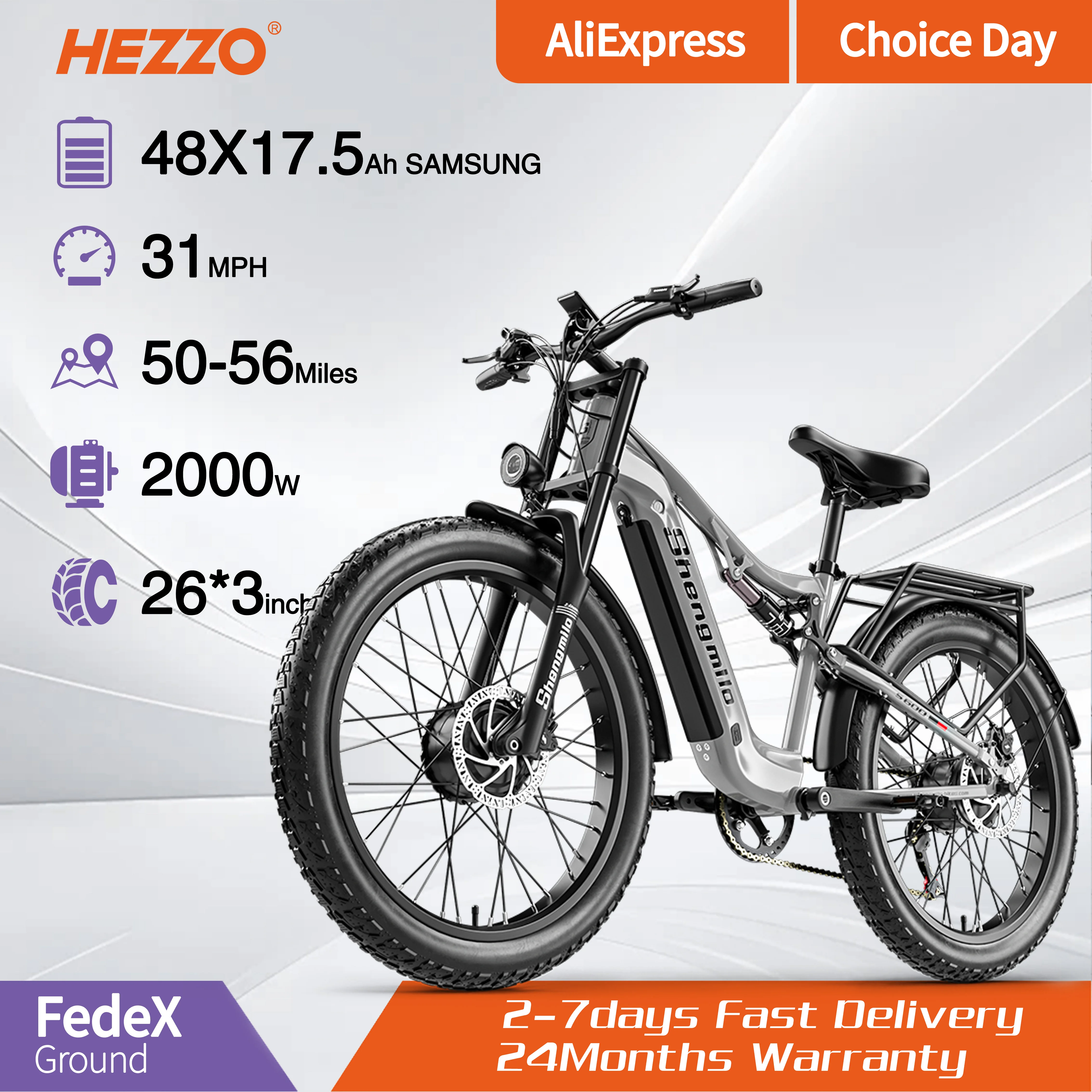 

HEZZO S600 2000W Bicycle 26‘’ Electric Bike for Adults Dual Motors Ebike 31MPH 48V 17.5AH Samsung Battery E Mountain Bicycle
