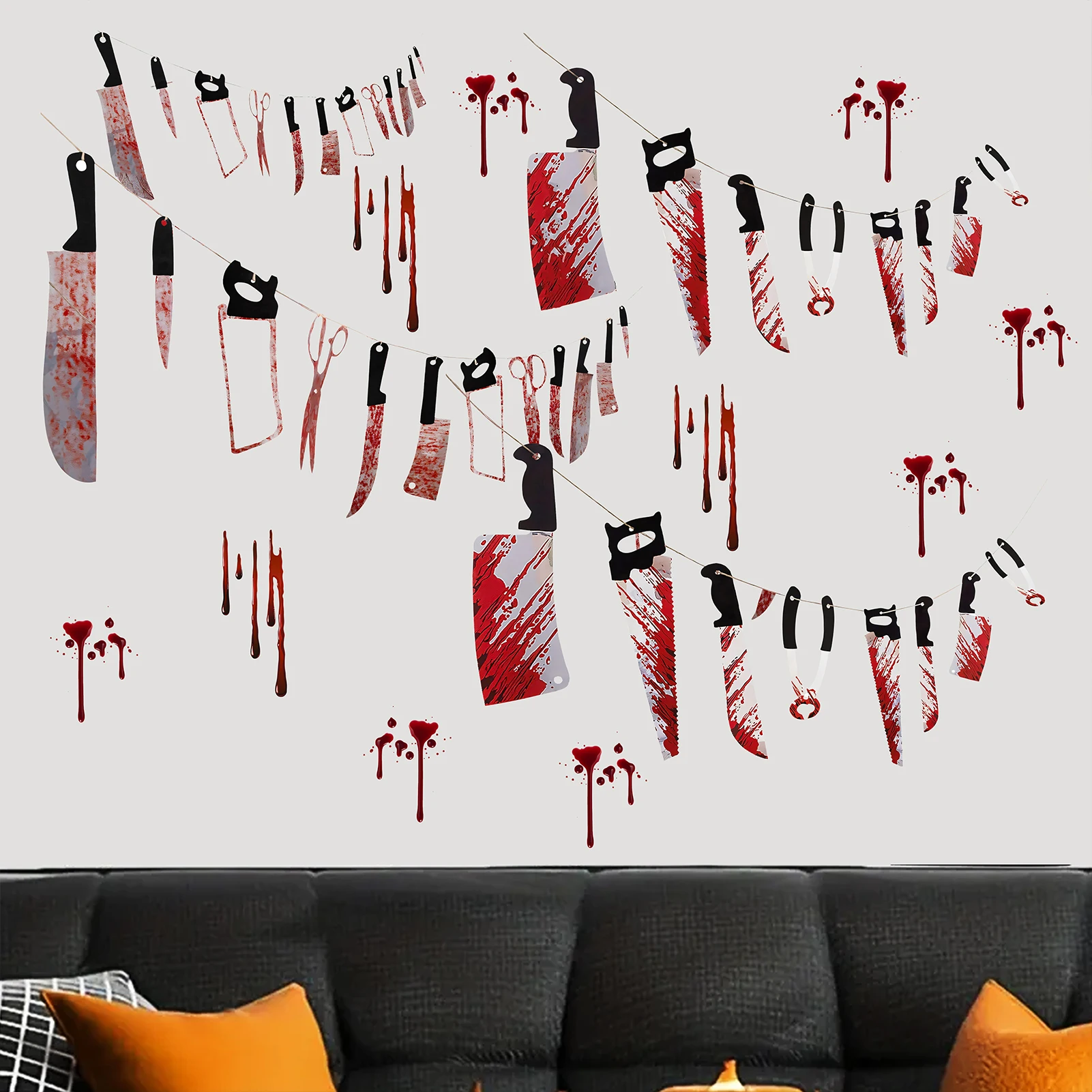 Horror Blood Splatter Knife Wall Sticker Halloween Decoration Creepy Decal for Haunted House Bar Party Wall Background Decor