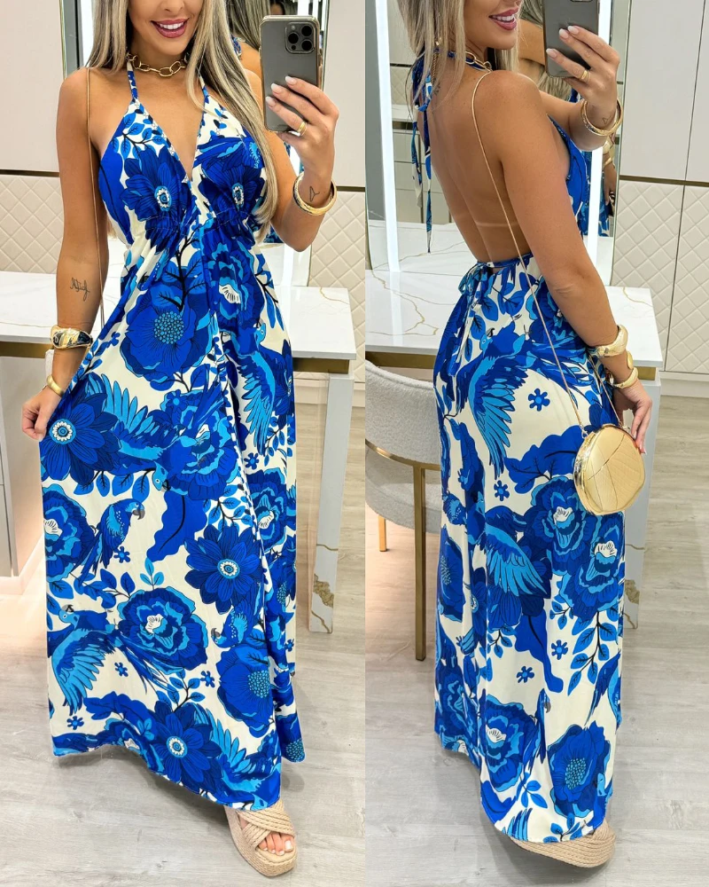 ฤดูร้อนชุดผู้หญิง 2025 Tropical พิมพ์BacklessกระโปรงยาวลําลองLace UpรายละเอียดA-Lineชุดสตรีฤดูร้อนชุดเซ็กซี่