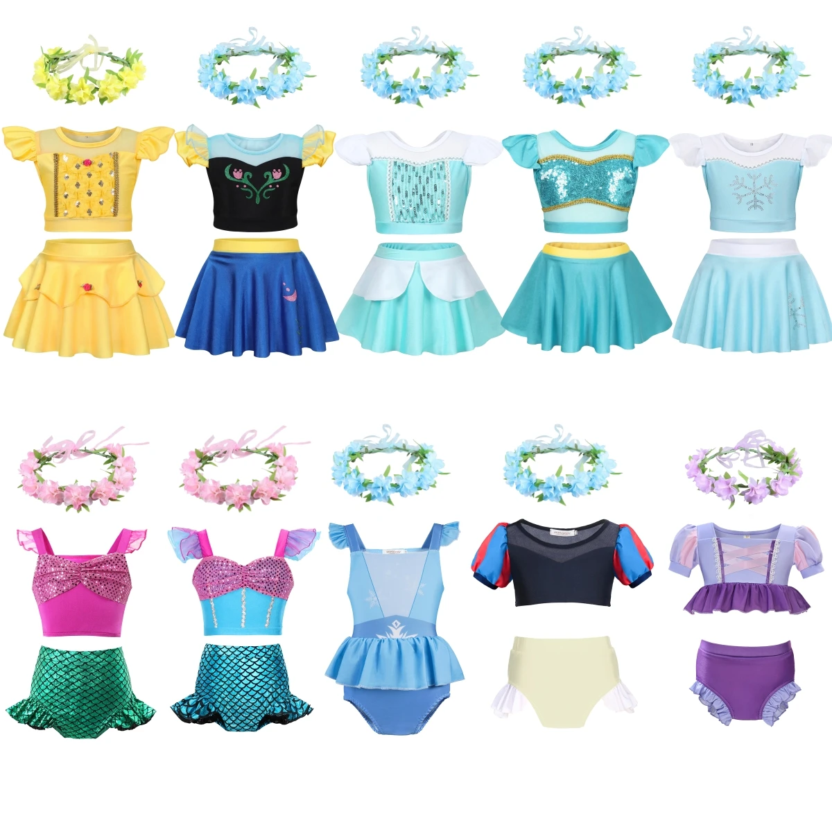 

Children's Swimsuit Girl Princess Jasmine Swimsuit Split Set Girl Beachwear Pool Party Kids Anna Elsa Swimwear With Wreath 2PC