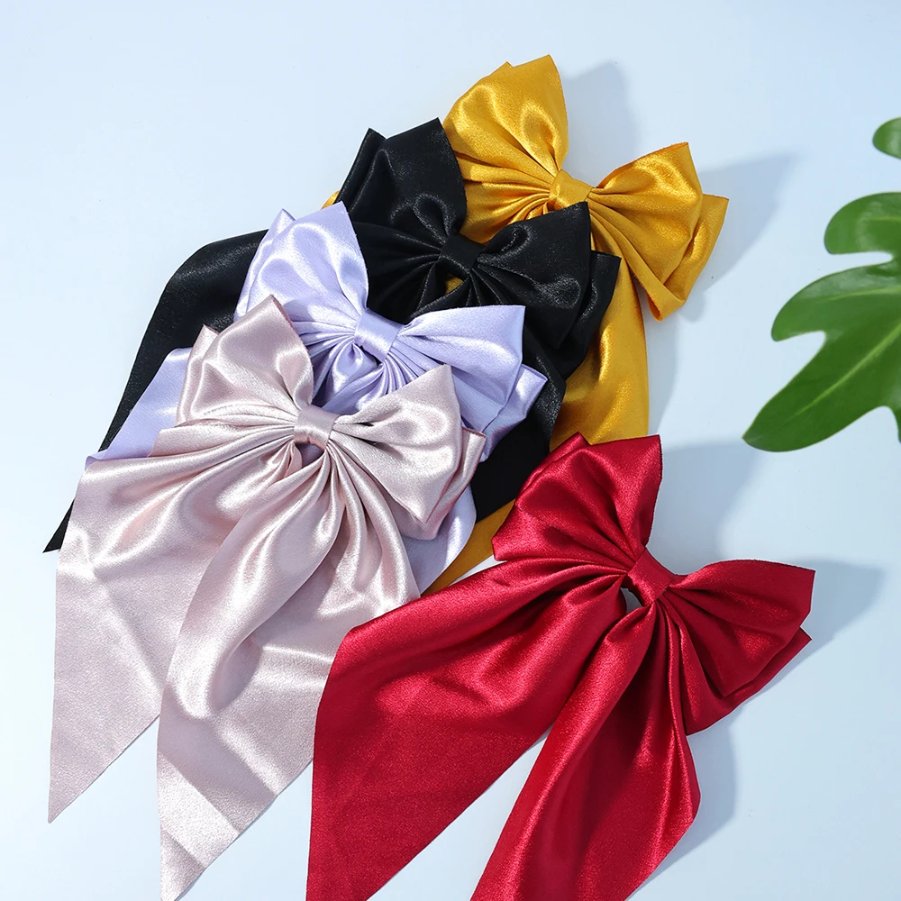 6.5inch 8pc Set of Women\'s Large Satin Layered Hair Bows Large Hair Clip Girls Hair Clips Long Ribbon Bow Hair Accessories
