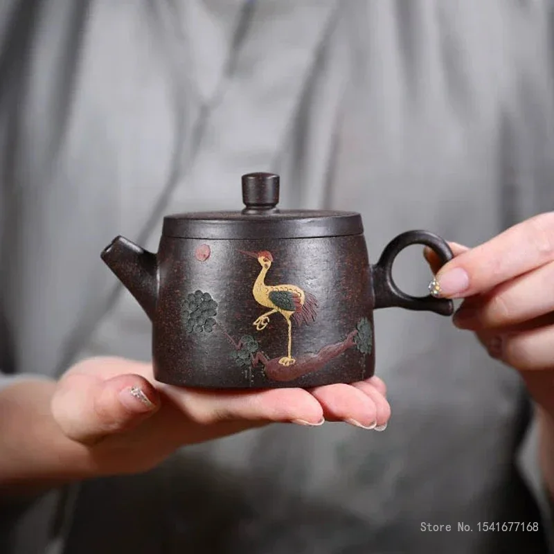 Chinese Pine Crane Patterns, Black Gold Sand From Original Mine Yixing Purply Clay Chinese Kongfu Tea Pots, Handmade, 170ml, New