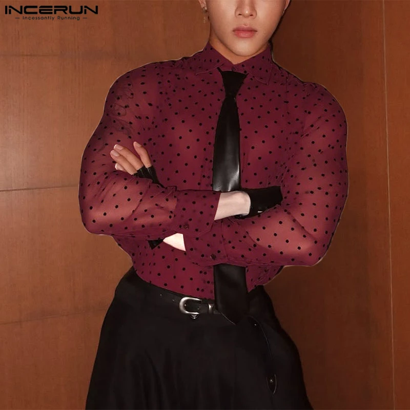 

INCERUN Men Shirt Polka Dot Printing Lapel Long Sleeve Button Men Clothing Mesh See Through Loose Fashion Male Shirts Streetwear