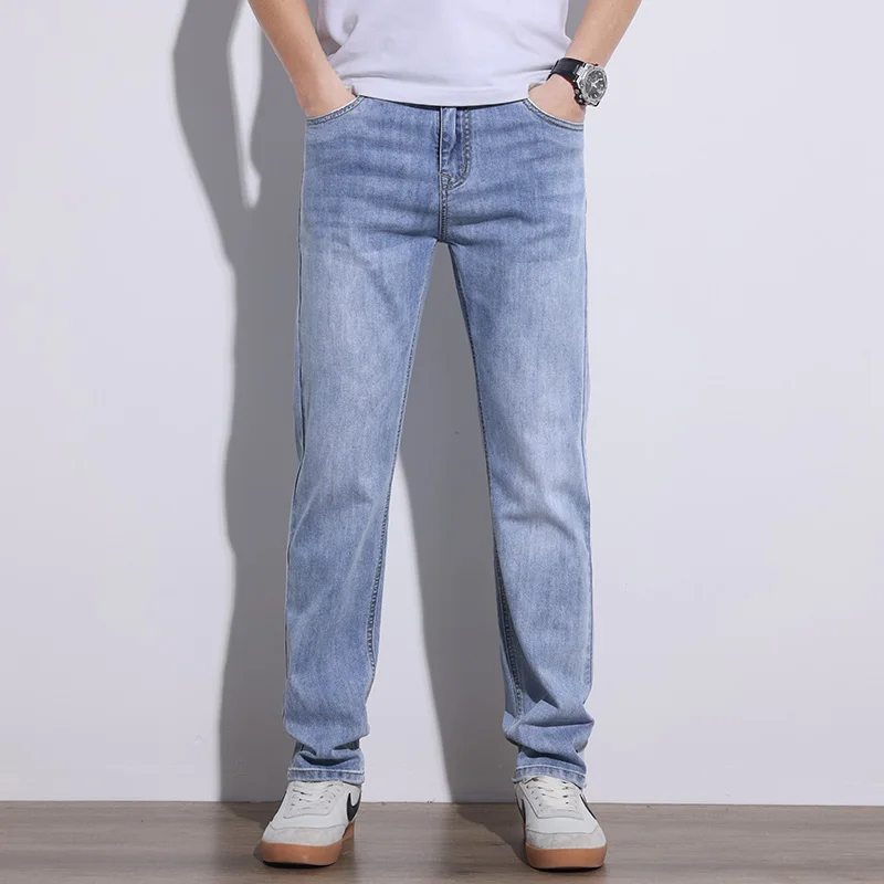 KSTUN 2025 春夏ジーンズ男性スリムストレートグレーライトブルーストレッチジーンズレギュラーフィットデニムパンツ紳士服カウボーイ