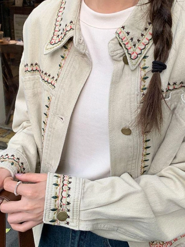 

Korobov Autumn American Retro Slim Long Sleeve Embroidery Pockets Single Breasted Women's Jacket