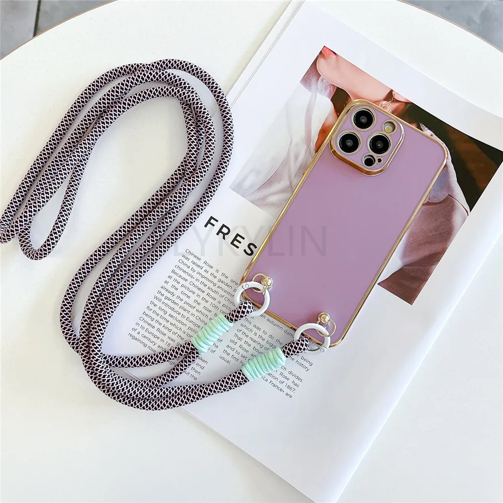 Luxury Plating Crossbody Lanyard Phone Case For iPhone 15 14 13 12 11 Pro Max Mini 7 8 Plus X XS Max XR SE 2020 Silicone Cover