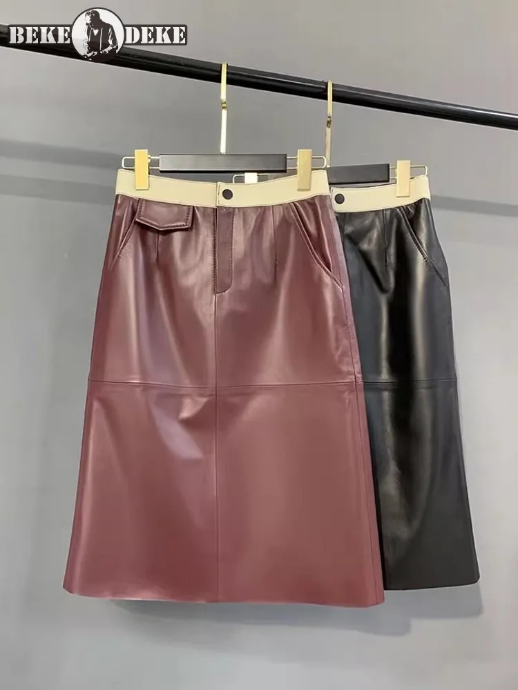 Elegant Office Ladies Back Split Colors Panelled Back Split Work Skirt Autumn New A Line Women Sheepskin Genuine Leather Skirts