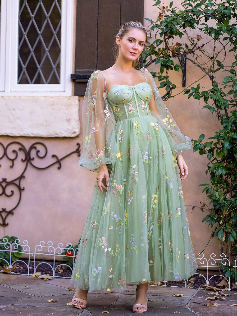 Sweetheart Embroidery Prom Dress Women A Line Tea-Length Green Tulle Puff Sleeves Floral Corset Midi Formal Evening Party Gowns