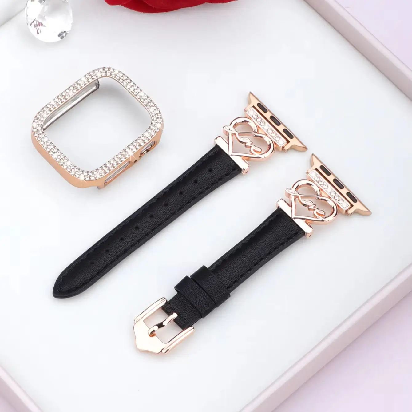 watch band+case for Apple Watch 40/41/44/45/42/46mm, elegant Love strap+sparkling diamond protective case.for Series11 10 987654 - view 3