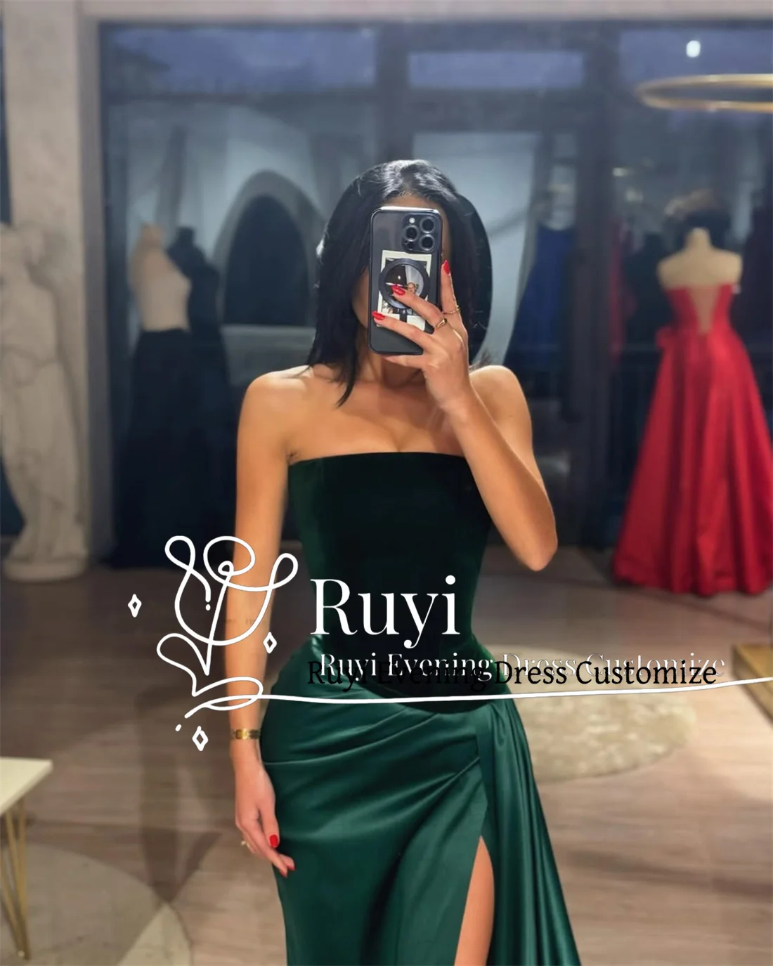 Vestidos de baile de veludo sem alças verde escuro personalizados para ocasiões especiais cetim alta fenda lateral trem formal vestido de noite de casamento