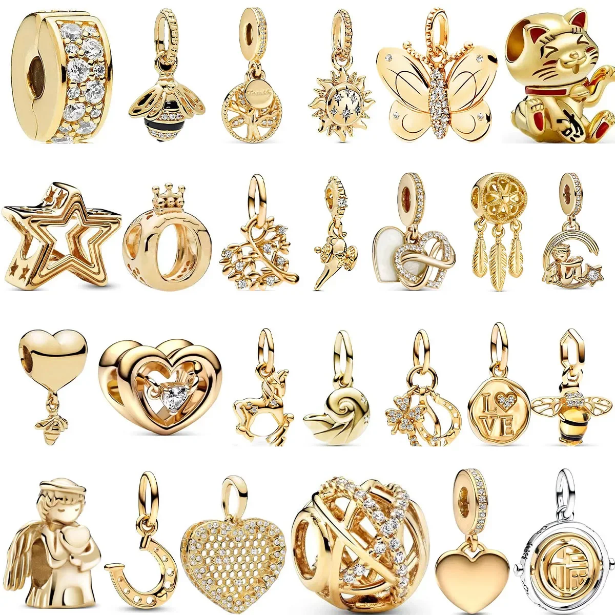 

Gold Plated Sparkling Leveled Hearts Square Halo Family Tree Dangle Charm Jewelry Beads Fit Original Pandora Silver 925 Bracelet