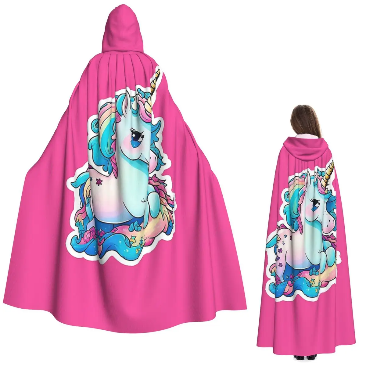 

Cute Colourful Unicorn 5 Long Hooded Cloak Witch Medieval Costume Cosplay Cape HalloweenCoat Adult Unisex