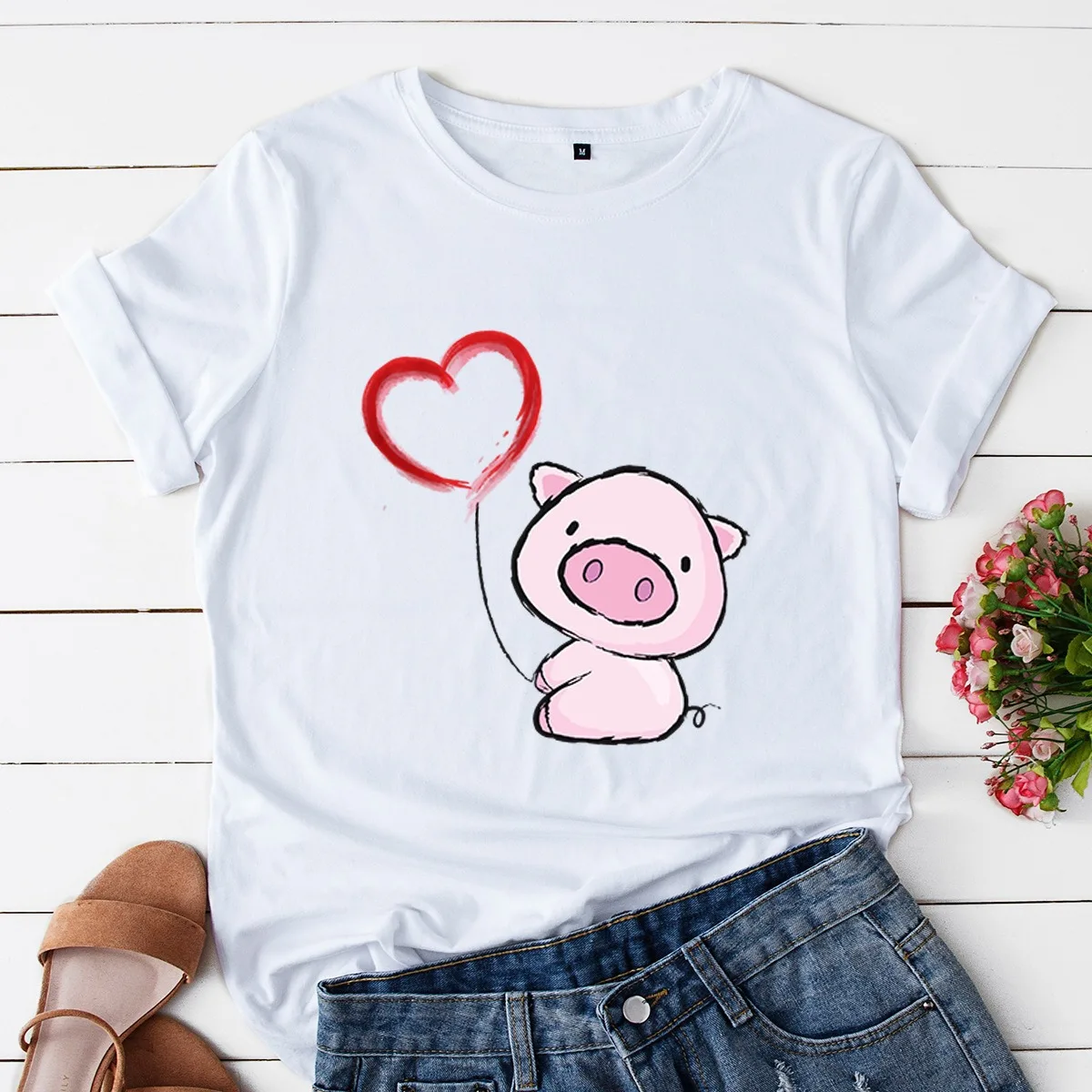 Camiseta con estampado de cerdo y corazón para Mujer, blusa holgada de manga corta con cuello redondo, ropa para Mujer