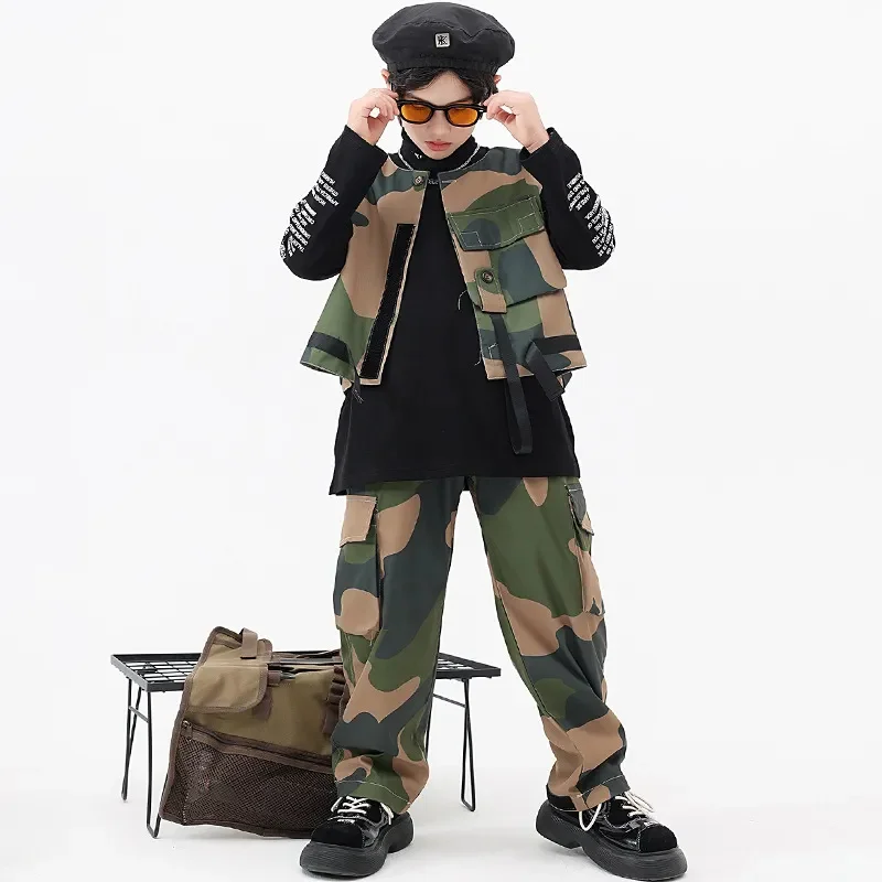 Kid Boys Hip-pop Clothes High-end Cool Jazz Dance Costumes Camouflage Vest Cargo Pant Set Urban Kids Models Fashion Show Outfits