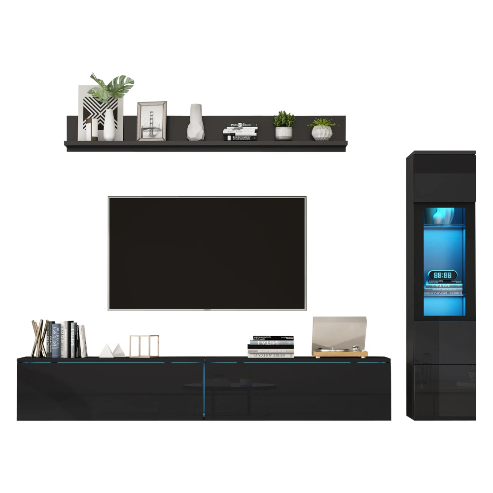 3-teiliges TV-Wohnzimmer-Wandset mit LED-Beleuchtung, Hochglanz-Möbelset, TV-Schrank, Vitrine und Hängeregal, für Fernseher bis zu 80 Zoll – Detail 22