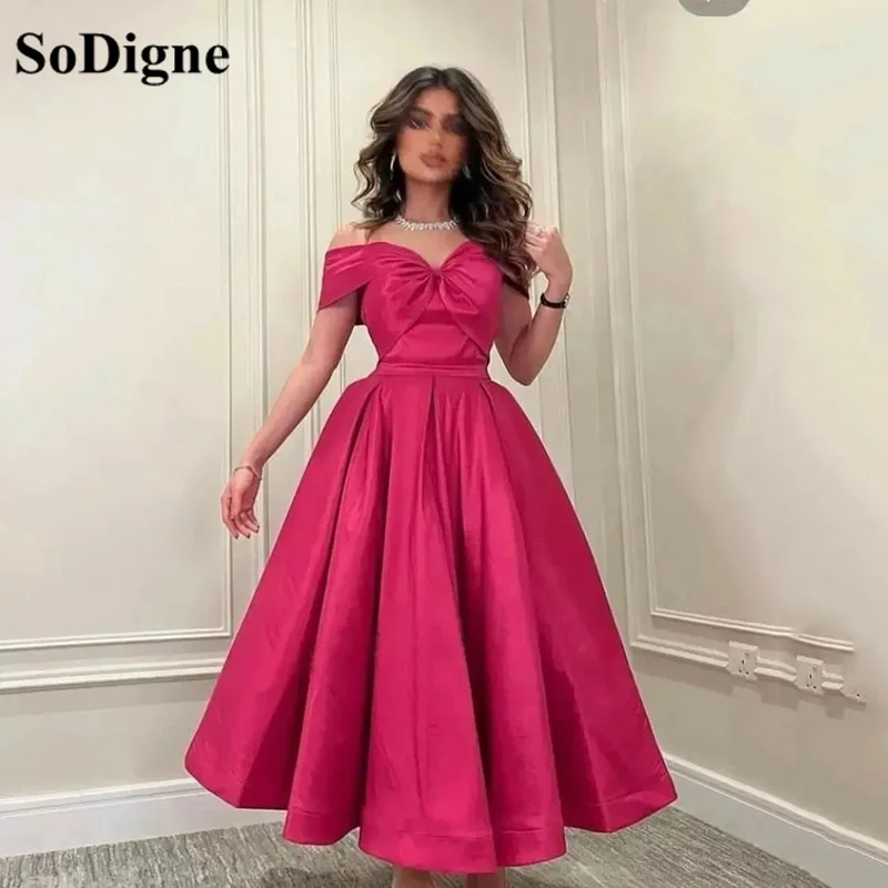 

SoDigne Elegant Plum Red Short Prom Dresses A Line Pleat Off The Shoulder Prom Gowns Tea-Length Wedding Party Dresses