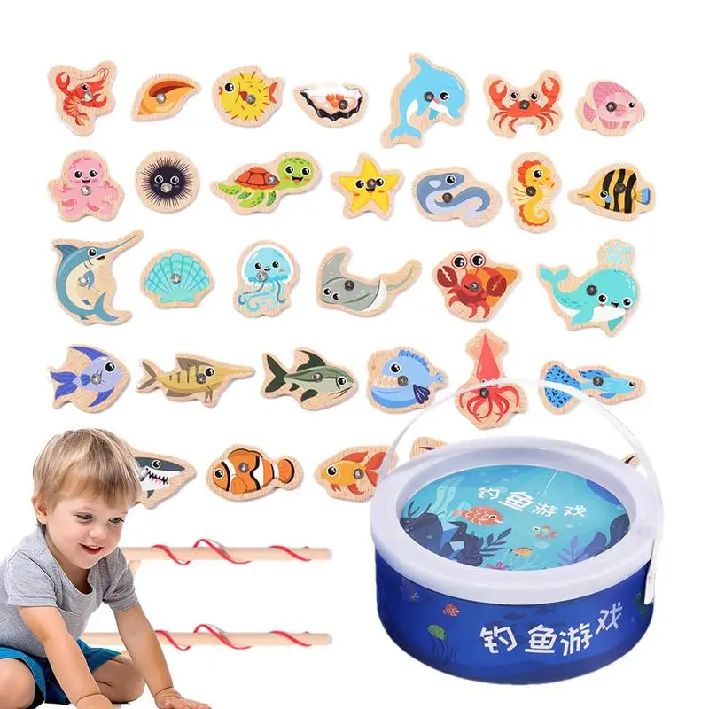 Jeu de pêche magnétique en bois pour parents et enfants, panier coule pour l'éducation précoce, accessoires de jouets de poissons pour les activités de plein air