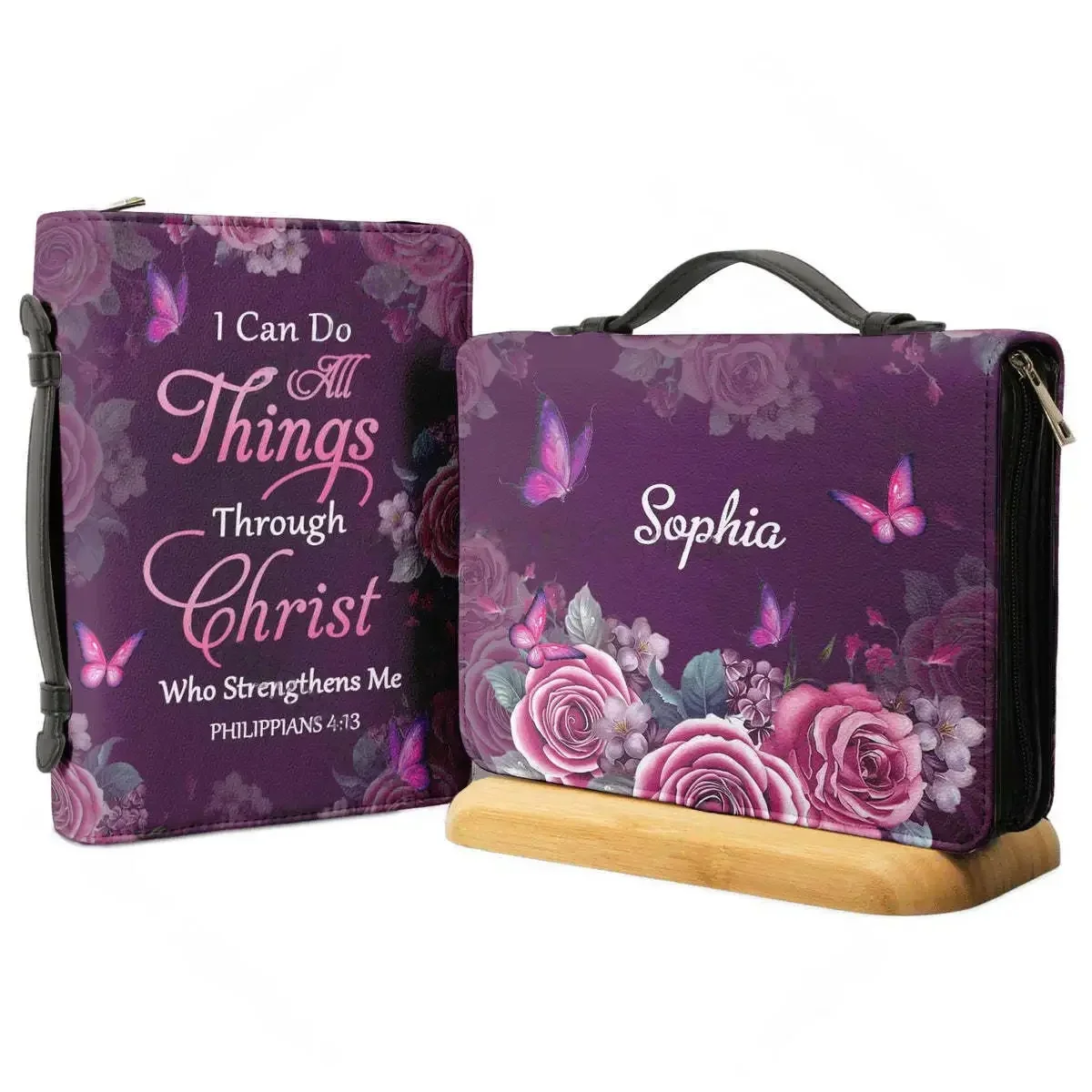 Women's Handbag Leather Zipper Handle Bible Carrying Case I Can Do All Things Through Christ Floral Butterflies Holy Bible Bags