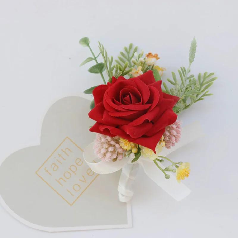 Boutonniere e polso Corsag forniture per matrimoni ospiti per banchetti fiori simulati fiori per la mano della sposa e dello sposo rosso 520