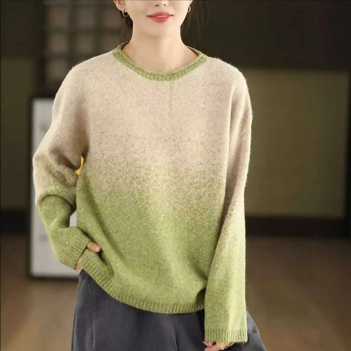Autumn Winter Fashion Women's Literary Gradient Knit Pullover Sweater Long Sleeve Warm Cozy and Stylish Vintage Knitwear Female