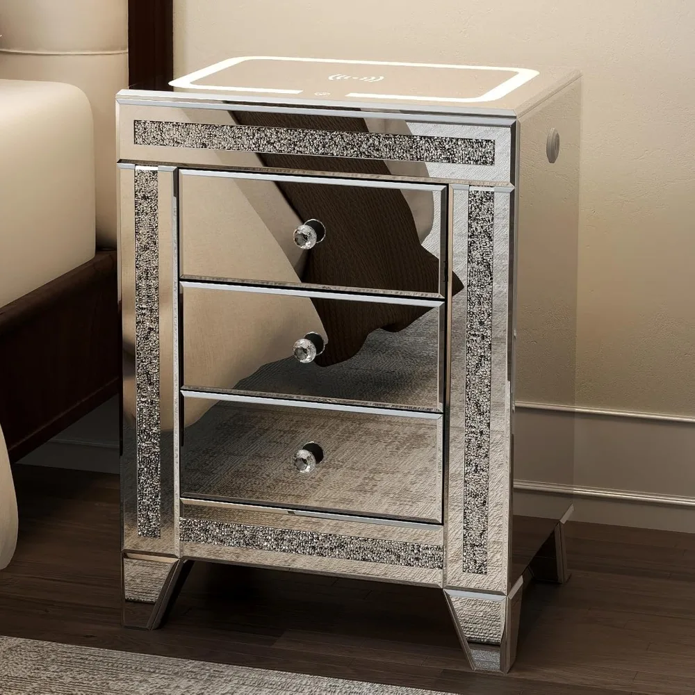 Silver Nightstand with LED, Mirrored End Table with Charging Station Wireless, Side Table Storage Cabinet with Crystal & Drawers