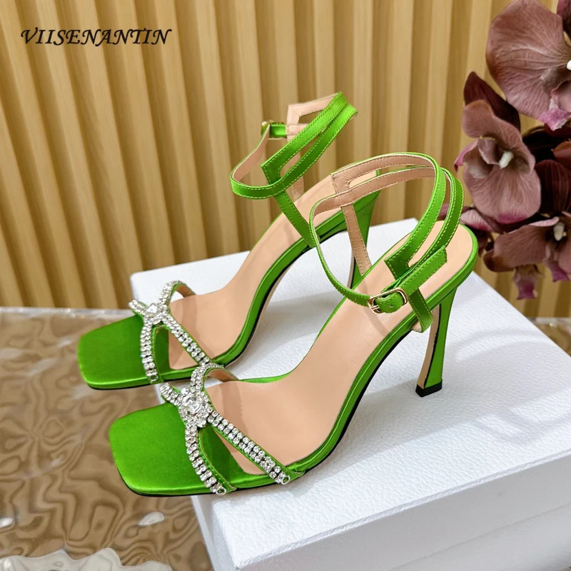 

Crystal Stud Sandals Open Square Toe Stiletto Summer Shoes Luxury Silk Satin Ankle Strap Fashion Women Party Dress Wedding Shoes