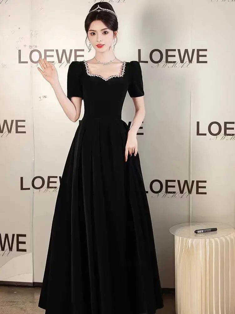 

Black Evening Dress for Women 2025 New Short Sleeved A-line Banquet Dresses Light Luxury Square Collar Performance Gowns