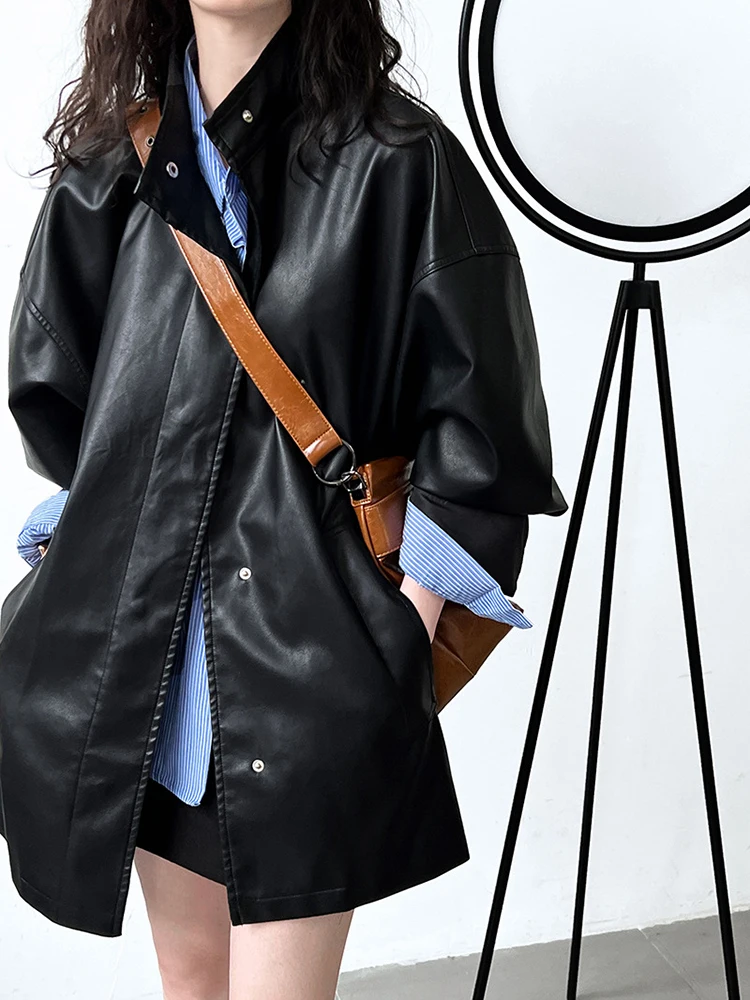 [EAM] Loose Fit PU Leather Black Big Size Long Jacket New Stand Collar Long Sleeve Women Coat Fashion Spring Autumn 2024 1DH1637